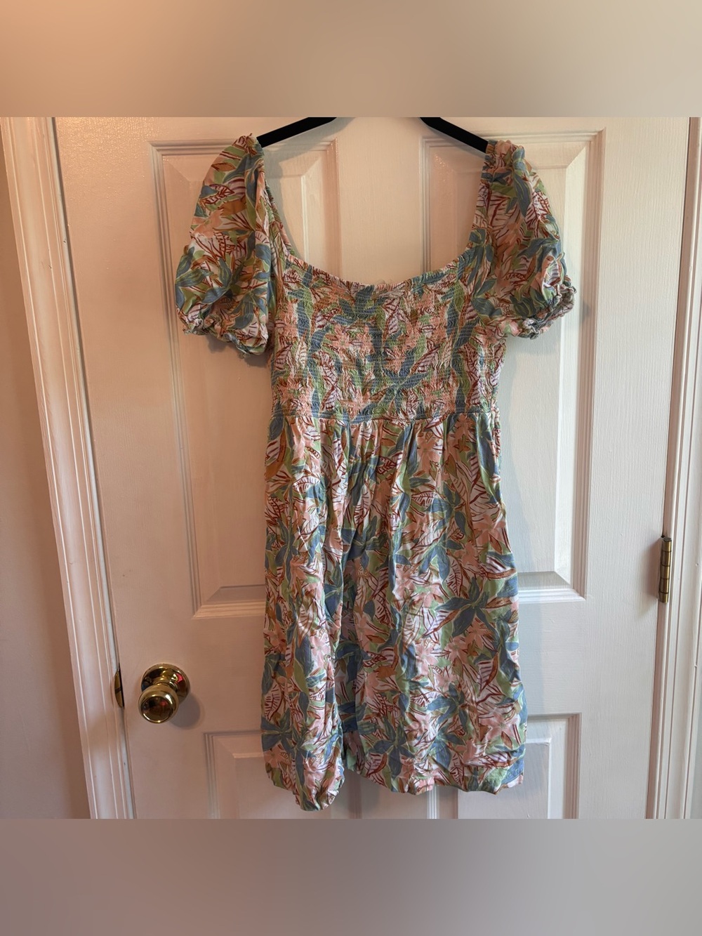 Roxy Hello Petal Mini Dress Tropical Floral Smocked Puff Sleeve M